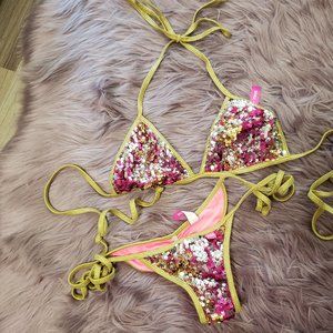 Glamorous Sequin Bikini Set in Gold and Pink